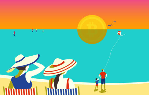 Menschen am Strand beobachten eine Bitcoin-Sonne, die am Horizont untergeht und vom Meer gespiegelt wird. Im Artikel beschreibt Nicole Jonat, wie sich die Postbank auf eine Entdeckungsreise auf dem Feld der Blockchain-Technologie begeben hat.