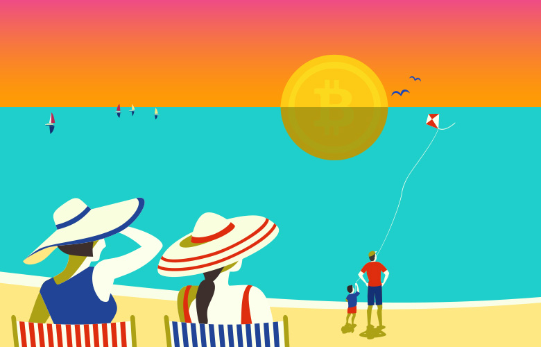 Menschen am Strand beobachten eine Bitcoin-Sonne, die am Horizont untergeht und vom Meer gespiegelt wird. Im Artikel beschreibt Nicole Jonat, wie sich die Postbank auf eine Entdeckungsreise auf dem Feld der Blockchain-Technologie begeben hat.