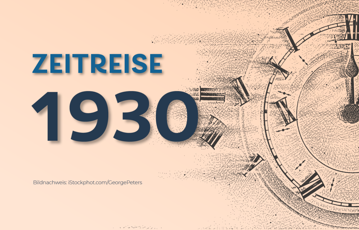 Zeitreise 1930 als Schrift mit Uhr