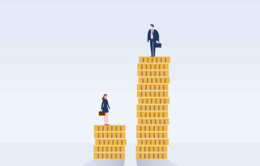 Geldstapel mit einer Frau und einem Mann symbolisieren die Gender Pay Gap