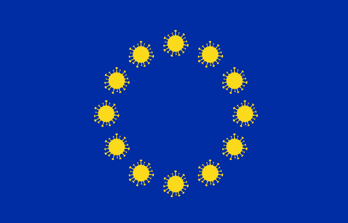 Wie sieht es mit der Zukunft der Europäischen Union aus? Was kommt nach der Krise? Euroflagge mit Viren als Sternen