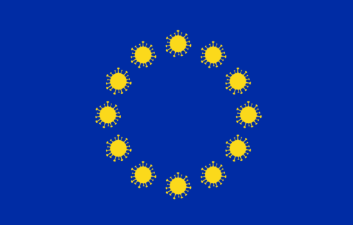 Wie sieht es mit der Zukunft der Europäischen Union aus? Was kommt nach der Krise? Euroflagge mit Viren als Sternen