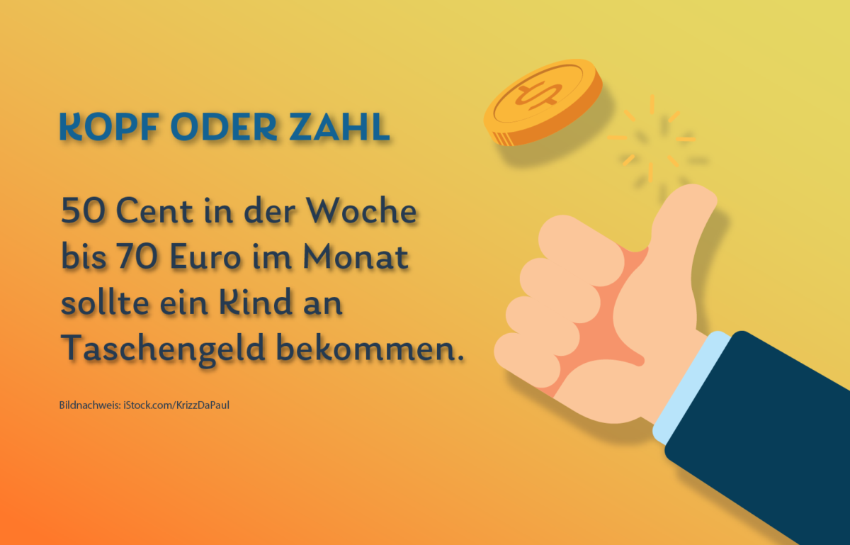 Taschengeld ist ein Weg, Kinder an einen verantwortungsvollen Umgang mit Geld heranzuführen. 50 Cent in der Woche bis 70 Euro im Monat sollte ein Kind bekommen