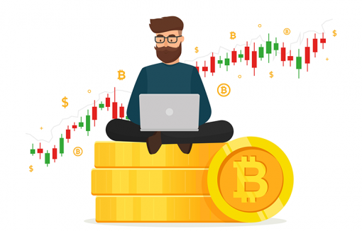 Ein junger Mann sitzt mit seinem Laptop auf Bitcoins.