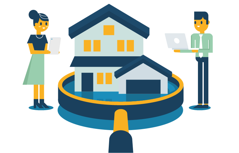 Marktrpeisschätzung eines Mehrfamilienhauses, Immobilienbewertung, Pre-Due-Dilligence, Menschen ermitteln den Wert eines Hauses, Banken
