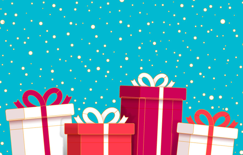 Geschenke mit Schnee im Hintergrund, goldene Flocken, Geld, Boni, Banken, Bonuszahlungen zu Weihnachten